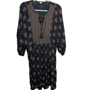 KNOX ROSE Black Floral Embroidered Tie Neck Midi Dress Women's Small